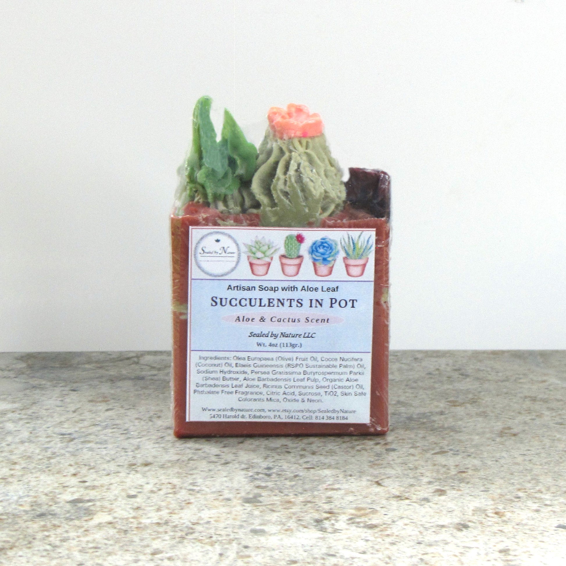 Artisan soap with succulent design on a neutral background