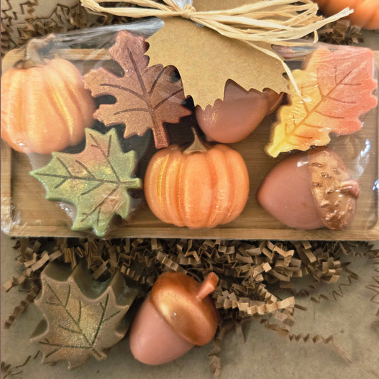 Set of autumn-themed soap bars in a clear packaging with decorative elements.