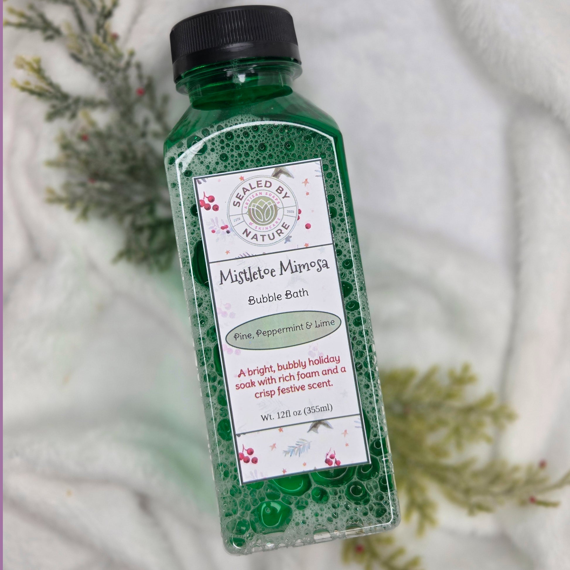 green bubble bath in a bottle pine peppermint and lime