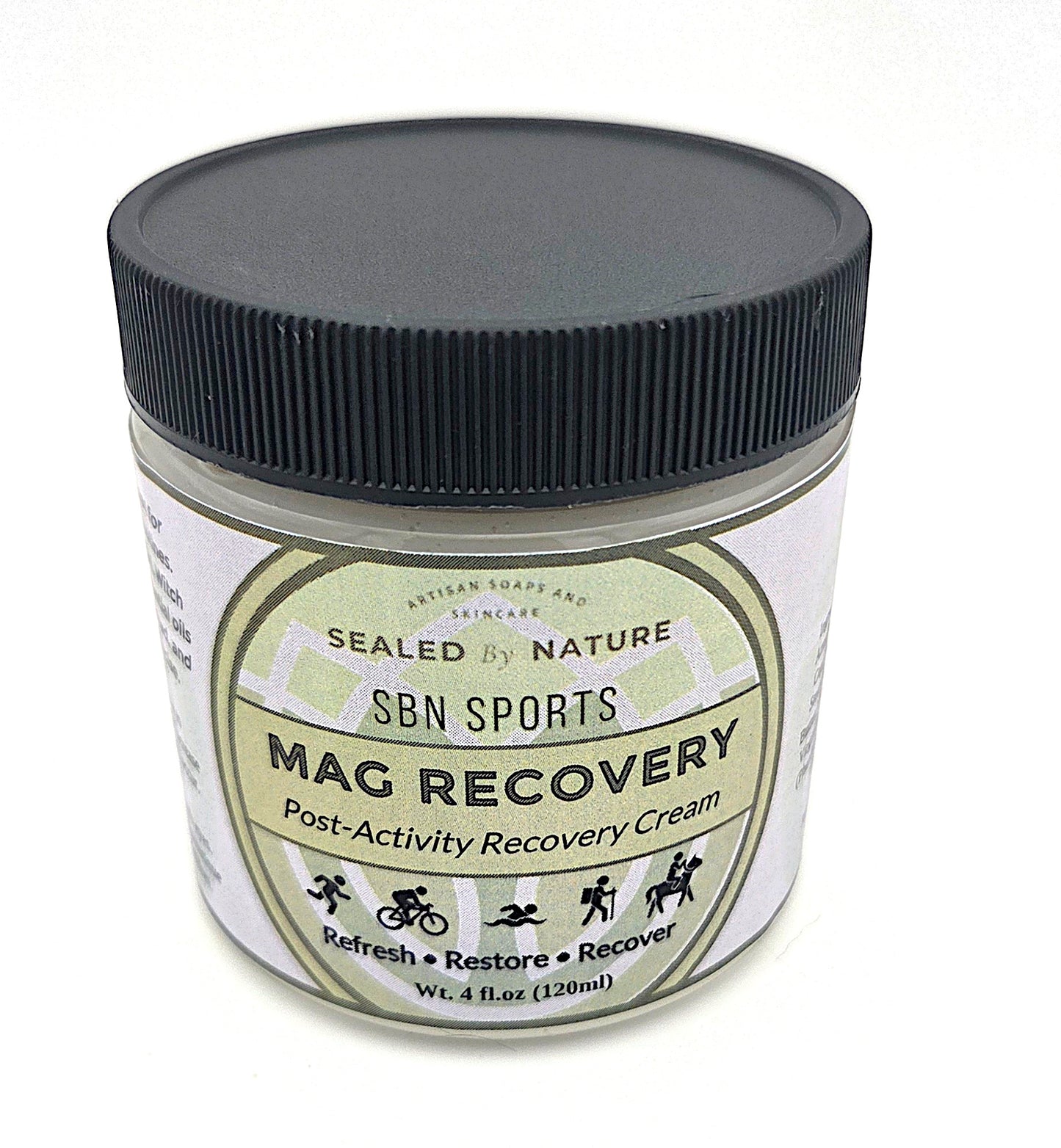 Jar of SBN Sports Mag Recovery cream with a black lid on a white background
