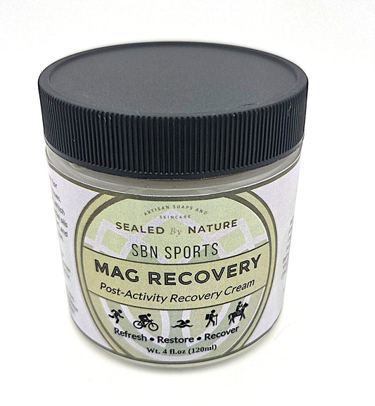 Jar of SBN Sports Mag Recovery cream with a black lid on a white background