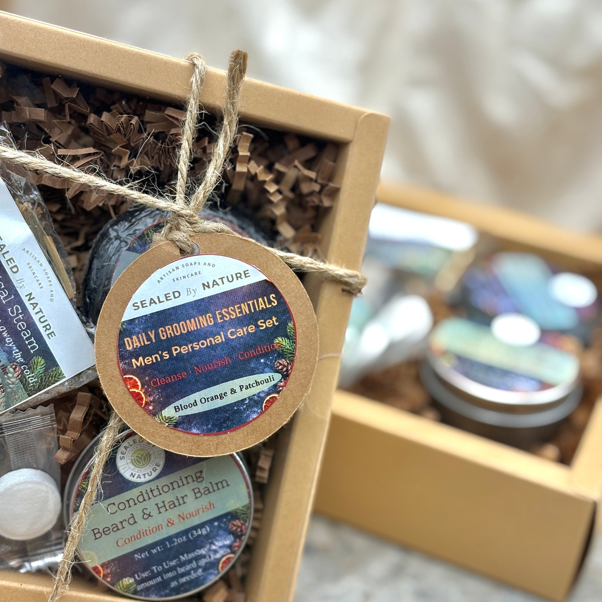 Men's personal care set with products in a box, featuring a label on top.
