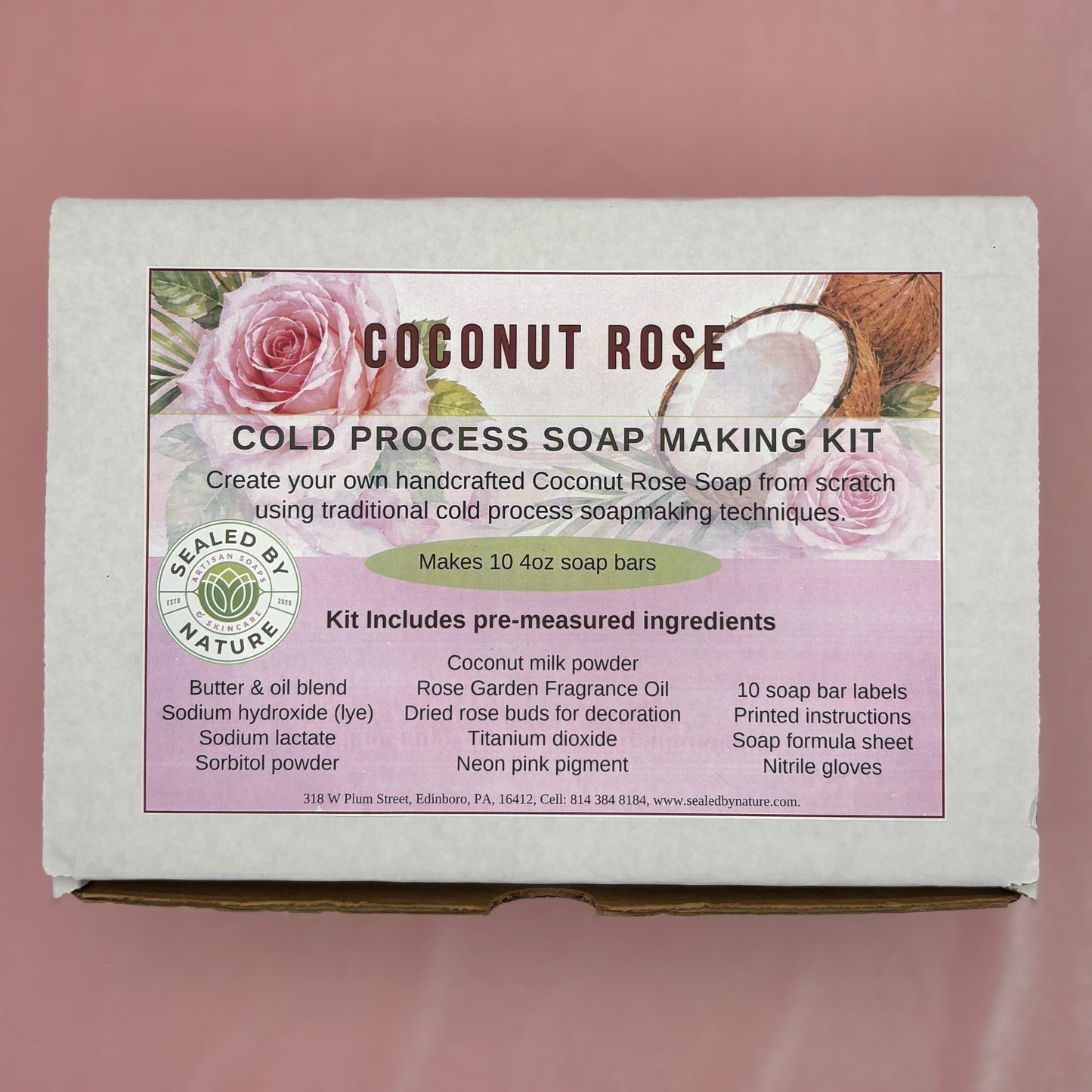 Coconut Rose cold process soap making kit packaging describing contents.