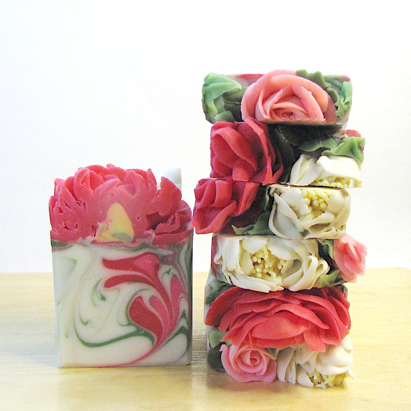 Snow-White & Rose-Red, hand-piped floral soap