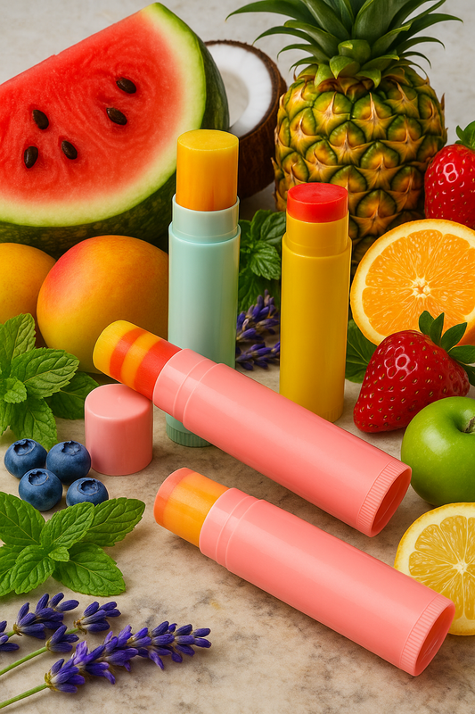 Fruity Lip balms swirled or layered in colorful lip balm tubes surrounded with various pieces of fruit and plants.