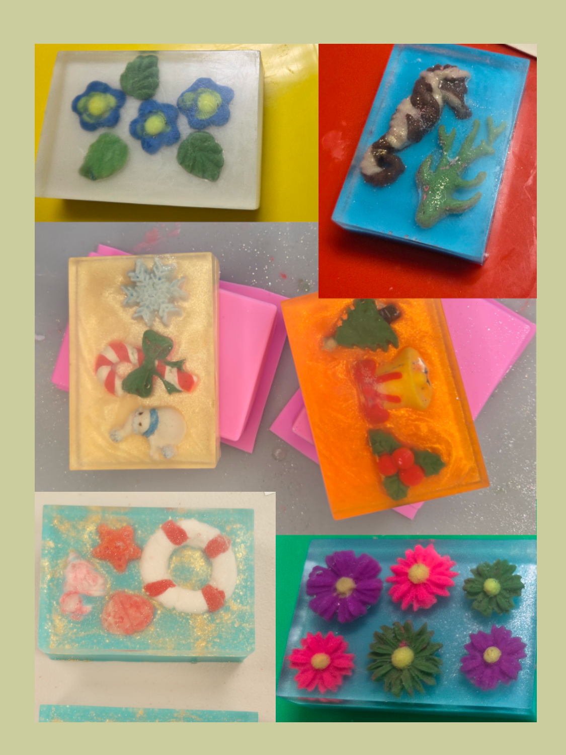 Collage of various colorful soap bars with embedded designs on a yellow background